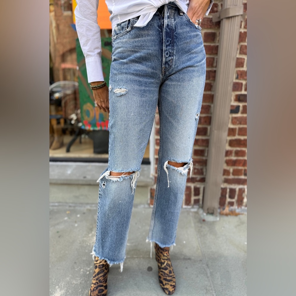 Moussy Distressed High-Rise Straight Leg Jeans - Light Blue